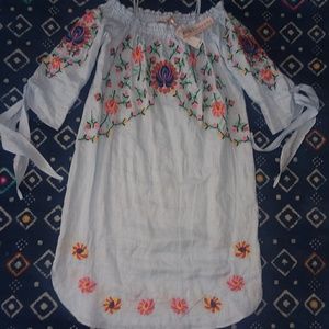 Philosophy blue linen off the shoulder dress